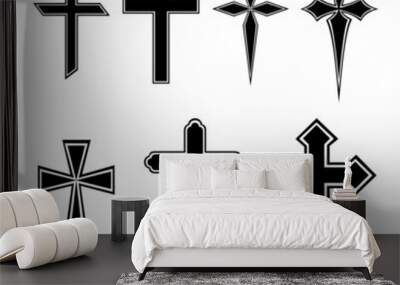 A set of Christian cross icons in black and white. They’re different design and isolated on white background Wall mural