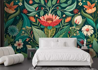 a blue and green floral pattern with leaves and flowers, Floral motifs and botanical elements intertwining in a lush tapestry Wall mural