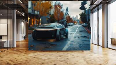 a car driving down a street next to a traffic light, revolutionary self-driving car glides silently down the street, navigating with flawless efficiency Wall mural