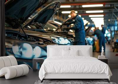 a car factory with workers working on cars, a factory with a lot of cars on the assembly line, team of technicians performing routine maintenance on a fleet of cars Wall mural