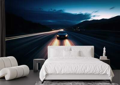 A car speeding down a highway at night, headlights cutting through the darkness Wall mural