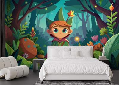 A cartoon character in a magical forest Wall mural