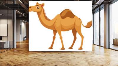 A cartoon illustration of a smiling camel with two humps on its back and a tuft of hair on its tail. Wall mural