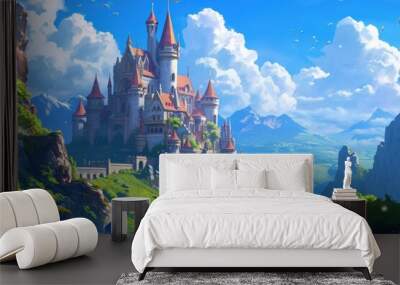 a castle on a mountain with a sky background, Illustrate a fantasy castle in a magical kingdom Wall mural