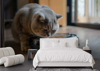 a cat is playing with a robotic pet cat using a robot vacuum cleaner as transportation around the house Wall mural