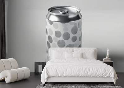 A close-up view of a metallic beverage can with condensation on its surface, showcasing its design and texture against a plain background Wall mural