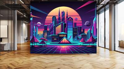 A collage template with a neon color palette, evoking a futuristic cityscape Wall mural