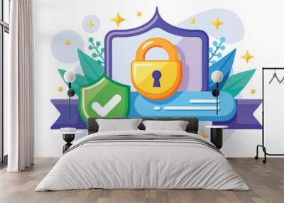 A colorful digital design illustrating a secure lock symbol within a shield, emphasizing online safety and protection in cyber environments Wall mural