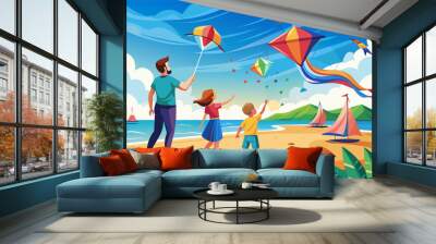 A colorful illustration of a family flying kites on a beach, featuring two adults and two children, with vibrant kites in the sky and a scenic ocean and hills in the background. Wall mural