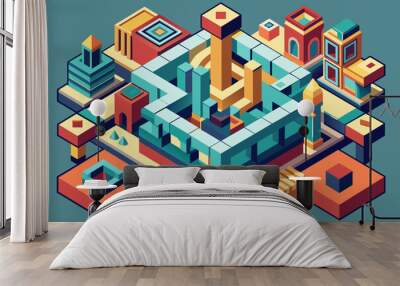 a colorful pixel city with a lot of buildings, A serving of stew made with beans and corn. Wall mural