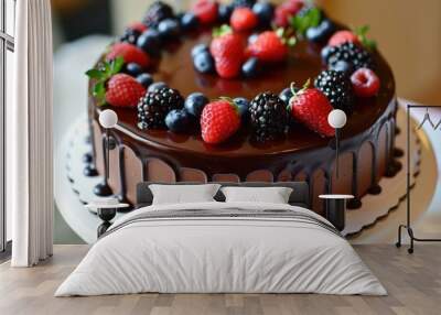 A decadent chocolate cake adorned with fresh strawberries, raspberries, blueberries, and blackberries, perfect for any celebration or gathering Wall mural