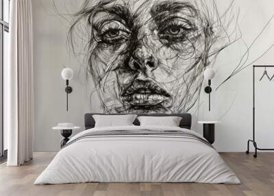 A detailed portrait utilizing only scribbles lines and shading of a women, Line art of girl face on white background Wall mural