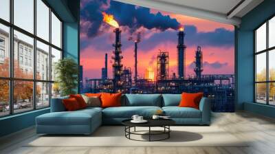 a factory with smoke stacks and a sunset, Oil refinery with gas flares burning at dusk Wall mural