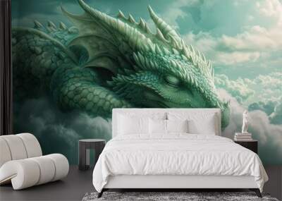 A friendly dragon sleeping peacefully on a bed of clouds Wall mural