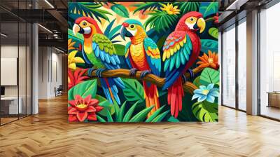 A group of colorful macaws with vibrant feathers perch on a flowering tropical tree Wall mural