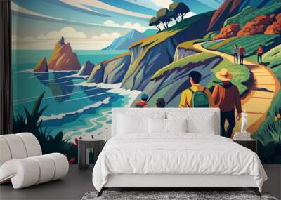 A group of friends hiking along a rugged coastal trail, with dramatic ocean views and crashing waves below Wall mural