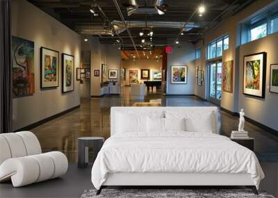 a large room with a lot of paintings on the walls, An art gallery showcasing contemporary paintings Wall mural