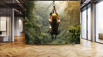 a man riding a zipline through a lush green forest, An adventurer zip-lining through the tropical rainforest in Costa Rica Wall mural