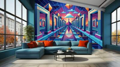 A mirror maze with endless reflections, challenging perceptions and navigation Wall mural