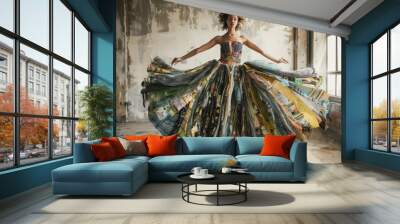 A model showcases a stunning gown made of repurposed fabrics, standing gracefully in a trendy urban loft space illuminated by natural light Wall mural