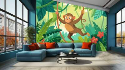 A monkey swinging through the jungle vines Wall mural