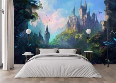 a painting of a castle in the mountains, Illustrate a fantasy kingdom with castles and magical creatures Wall mural