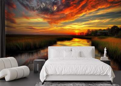 a painting of a sunset over a marsh, Wall mural