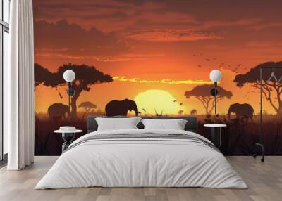 a painting of elephants in a field at sunset, sunset scene over an African savanna with silhouettes of elephants and acacia trees Wall mural