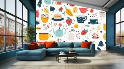 a pattern of tea and fruit, a pattern of tea and fruit, Charming vector illustration with cute objects arranged in a delightful pattern Wall mural