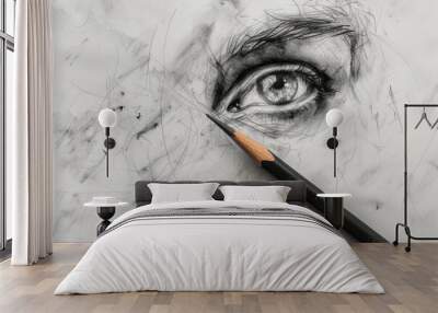 a pencil drawing of an eye, pencil with sketch lines, representing the beginning of a creative idea Wall mural