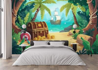 a pirate's chest on the beach with a pirate ship in the background, Design a background featuring a birthday treasure hunt scene Wall mural