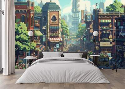 A pixel art scene of a bustling city filled with adorable characters Wall mural