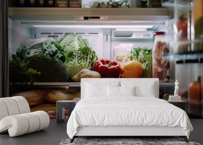 a refrigerator filled with lots of fresh vegetables, snapshot of a well-stocked refrigerator filled with fresh produce, lean meats, dairy and whole grain bread Wall mural