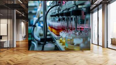 a row of bottles filled with liquid on a table, Highlight the aesthetics of a biological synthesis setup Wall mural