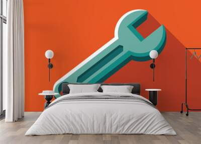 A simple, flat design of a wrench outlined in teal against a bright orange background, ideal for representing tools or DIY projects Wall mural