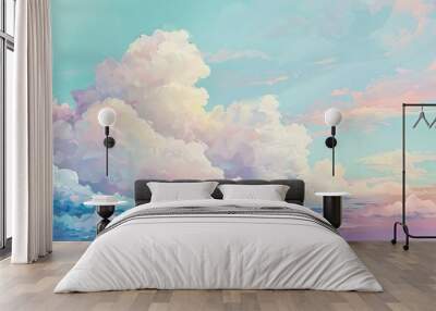 a sky with clouds and a plane Soft clouds floating amidst a pastel sky evoke peaceful thoughts and communication Wall mural