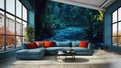 a stream in the middle of a forest with blue lights, A mesmerizing bioluminescent jungle at midnight Wall mural