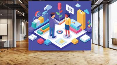 A team engages in a business partnership with a handshake symbolizing collaboration, surrounded by various office elements and abstract representations of success Wall mural