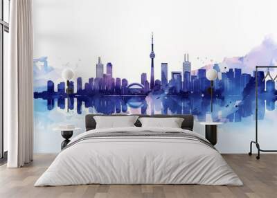 A vibrant city skyline at dusk showcasing modern architecture and a colorful sky with soft clouds and a warm hue illuminating the urban landscape Wall mural