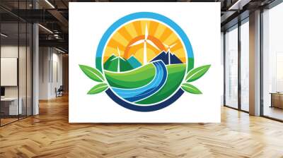 A vibrant emblem showcasing renewable energy with wind turbines, mountains, and a flowing river under a radiant sun, symbolizing sustainability and environmental harmony Wall mural