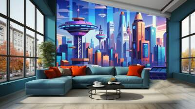 A vibrant futuristic cityscape illustration with stylized skyscrapers, floating structures, and a clear blue sky with clouds. Wall mural