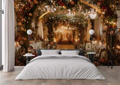 A vibrant holiday wonderland filled with Christmas trees, colorful decorations, and shimmering lights creating a magical atmosphere during the festive season Wall mural