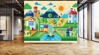 A vibrant illustration depicting a rural landscape with a water treatment facility, sustainable farming practices, and sunlit surroundings in a serene environment Wall mural