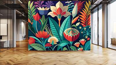 An elegant art deco botanical illustration showcasing vibrant flowers and plants Wall mural