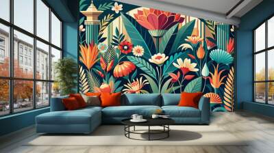 An elegant art deco botanical illustration showcasing vibrant flowers and plants Wall mural