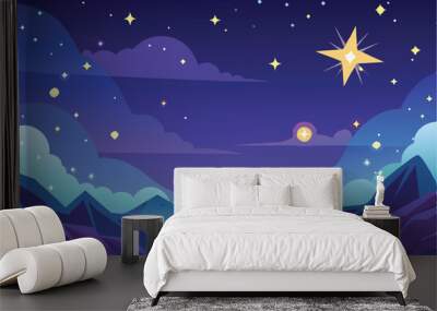 Beautiful night sky filled with shining stars and wispy clouds under a deep blue backdrop during twilight hours Wall mural