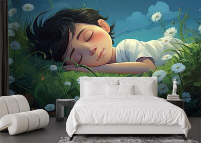 Cartoon boy sleeping in a beautiful graveyard with white little flowers in green grass cartoon illustration green background Wall mural