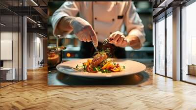 Chef masterfully preparing a fancy gourmet meal Wall mural