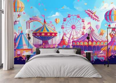 Colorful amusement park scene, Carnival background with ample text space, featuring a colorful fairground with rides and attractions Wall mural