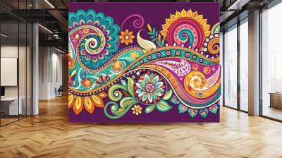 Colorful and intricate paisley design featuring vibrant flowers and swirling patterns against a purple background, perfect for textile or wall art Wall mural